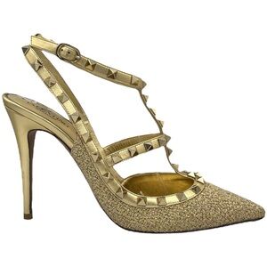Valentino Rockstud Cage Metallic Gold Tweed Pumps with Box and Dust Bag EU 41.5